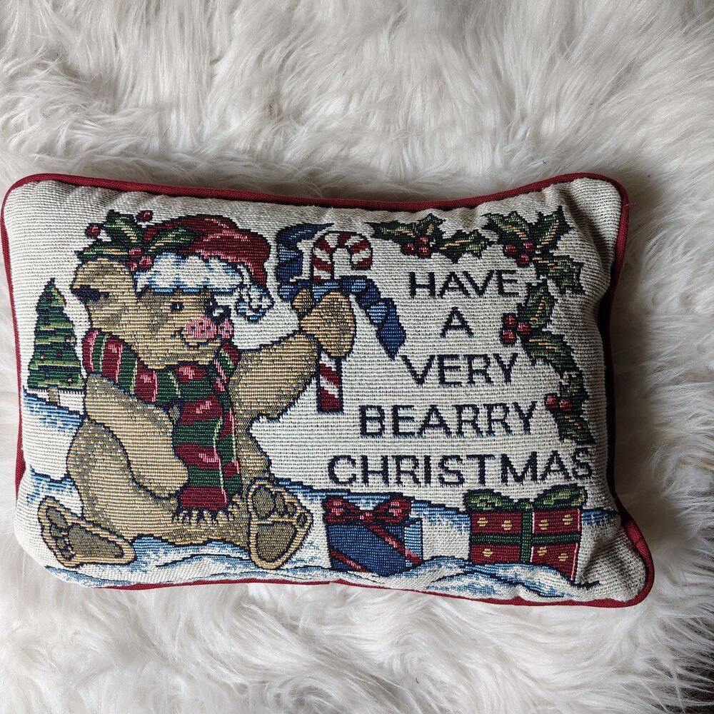 VTG Tapestry Christmas Pillow " Have BEARY Christmas " Bear Throw Pillow